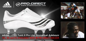 art_4467_0 Arsenal’s Emmanuel Adebayor, endorser for Adidas soccer shoes.